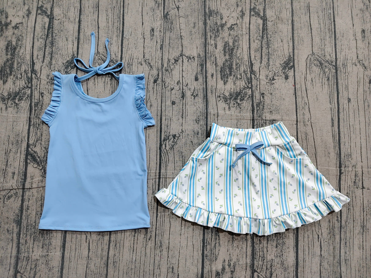 Sleeveless ruffle top floral stripe skirt girls active set