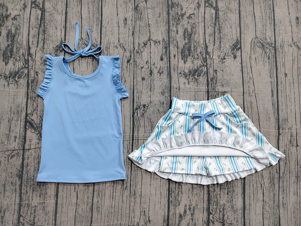 Sleeveless ruffle top floral stripe skirt girls active set