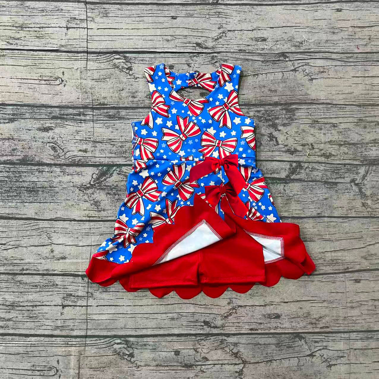 Sleeveless stripe bow stars girls 4th of july athletic dress
