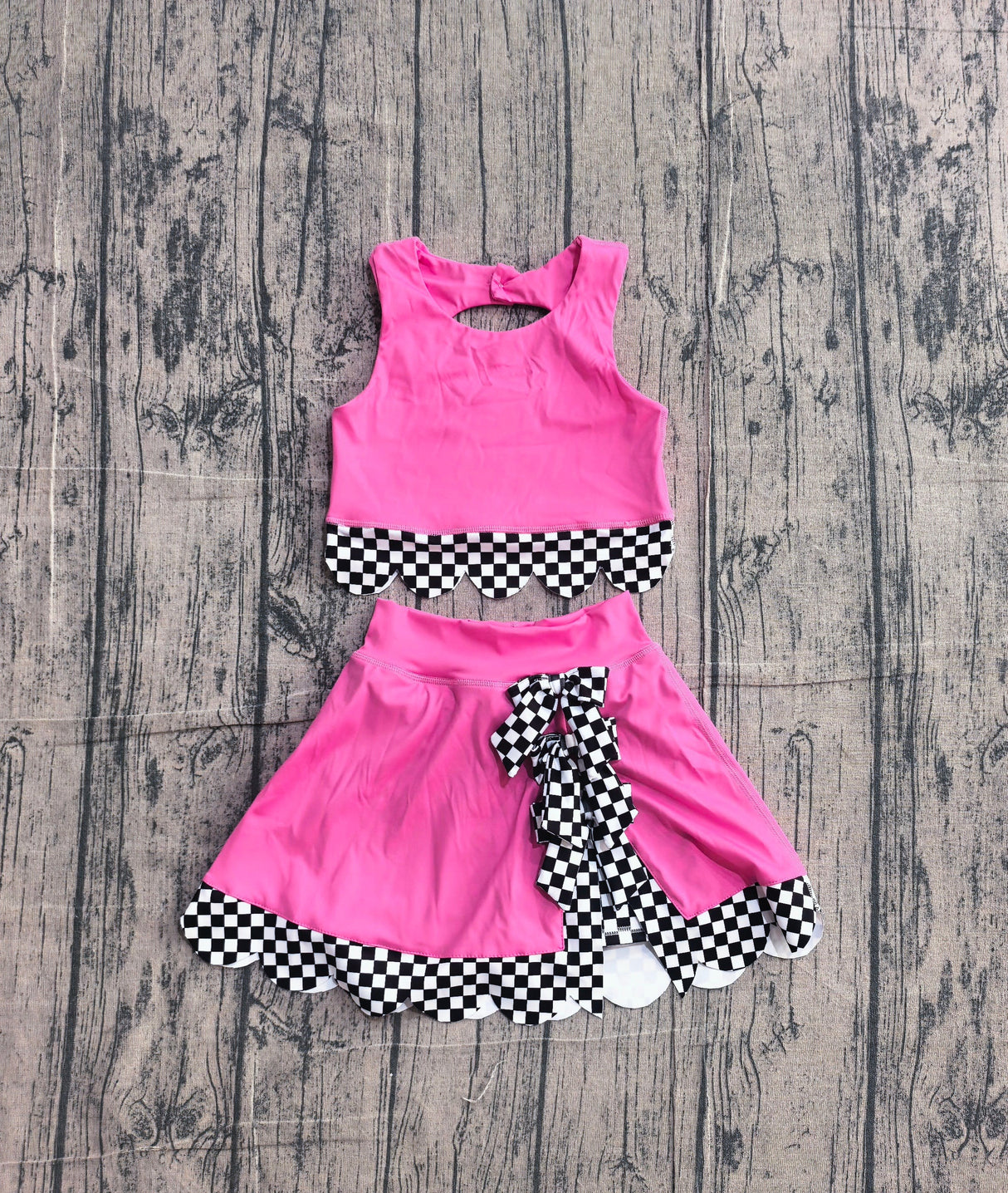 Sleeveless plaid scallop hot pink top skirt girls active wear set
