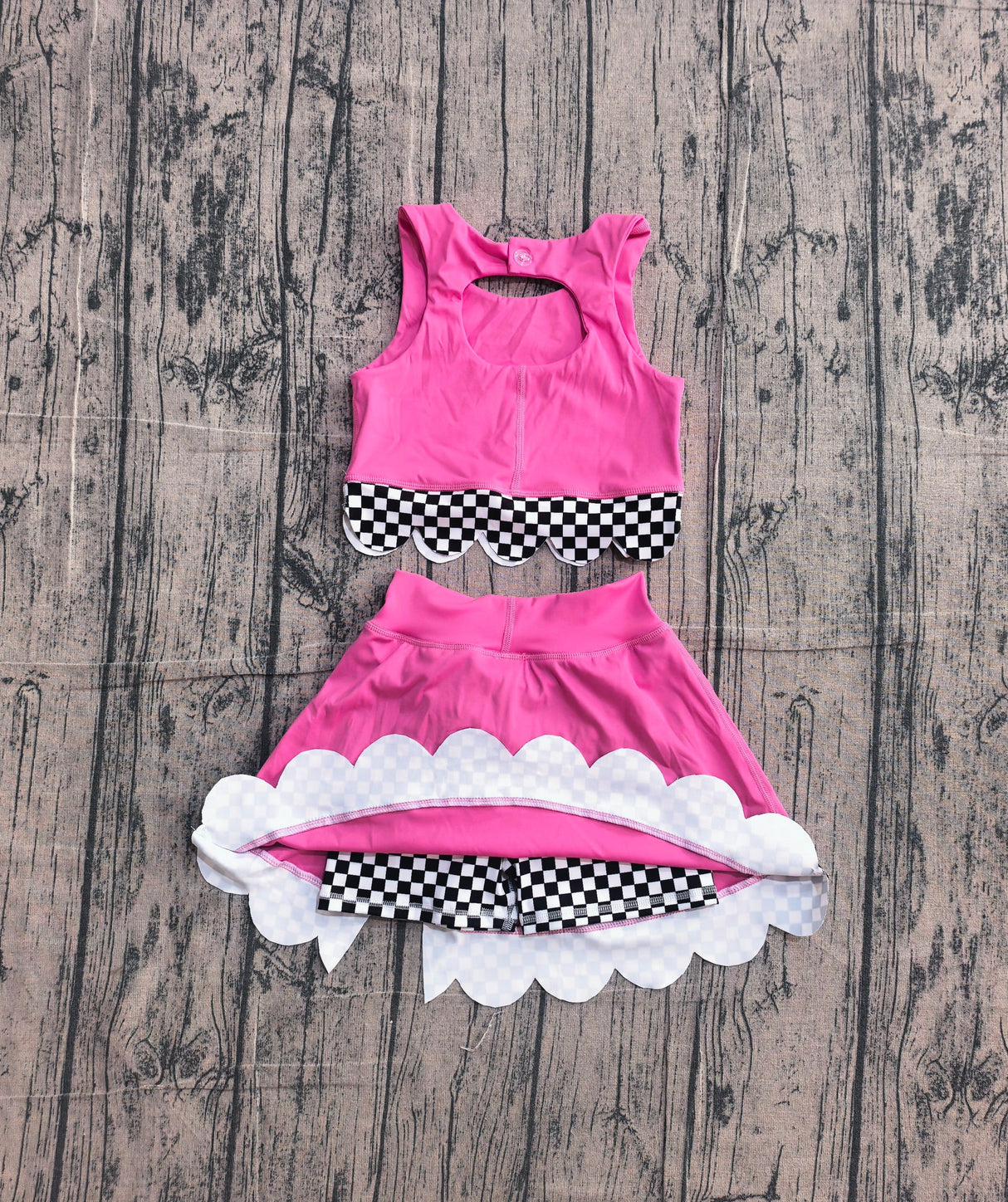 Sleeveless plaid scallop hot pink top skirt girls active wear set