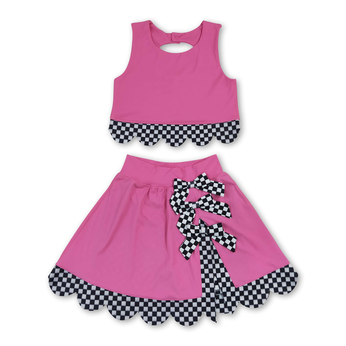 Sleeveless plaid scallop hot pink top skirt girls active wear set