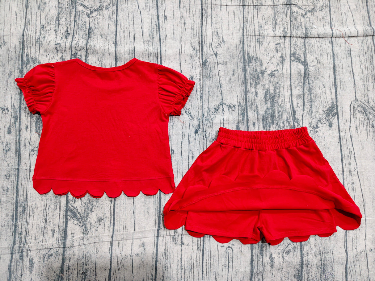 Red short sleeves scallop top skirt girls summer set