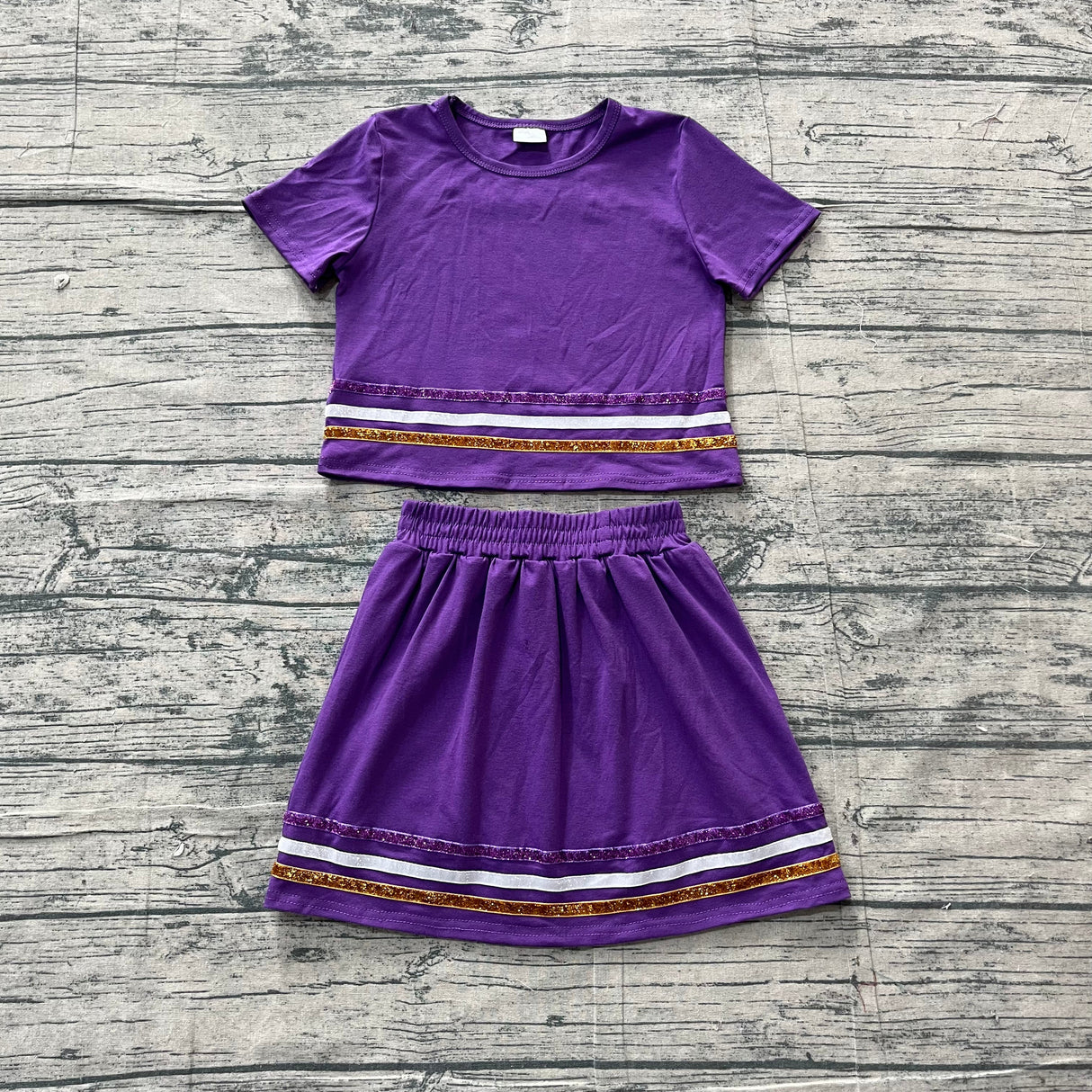 Purple short sleeves stripe cotton top skirt kids girls outfits