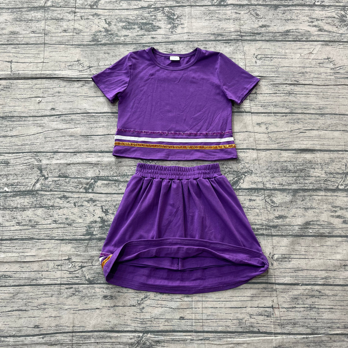 Purple short sleeves stripe cotton top skirt kids girls outfits