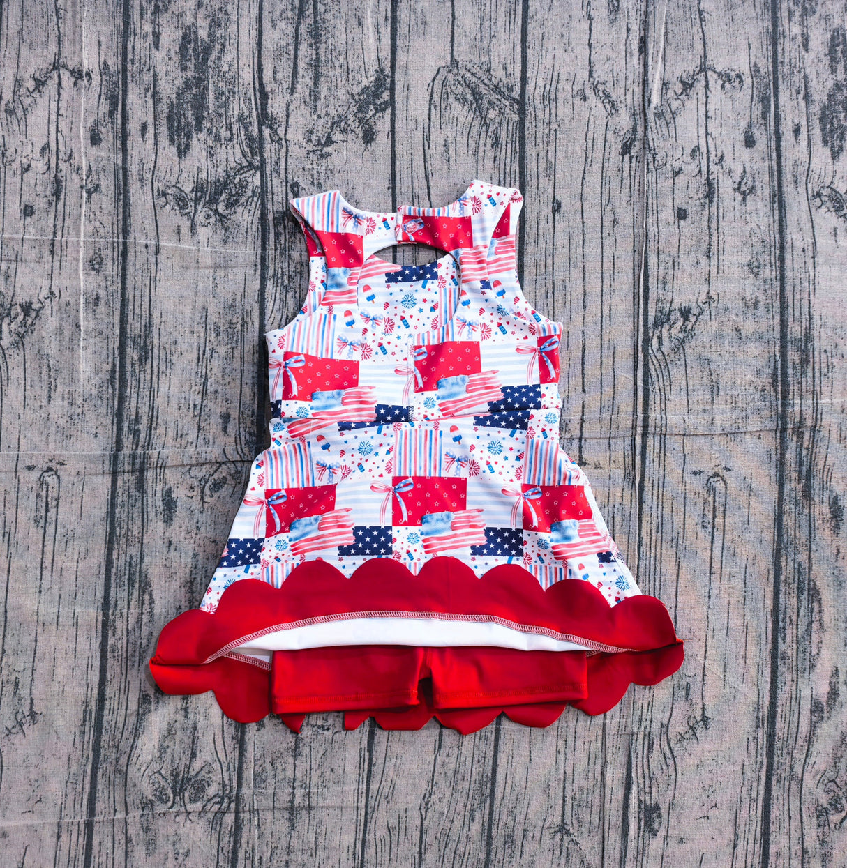 Sleeveless flag bow scallop girls 4th of july athletic dress