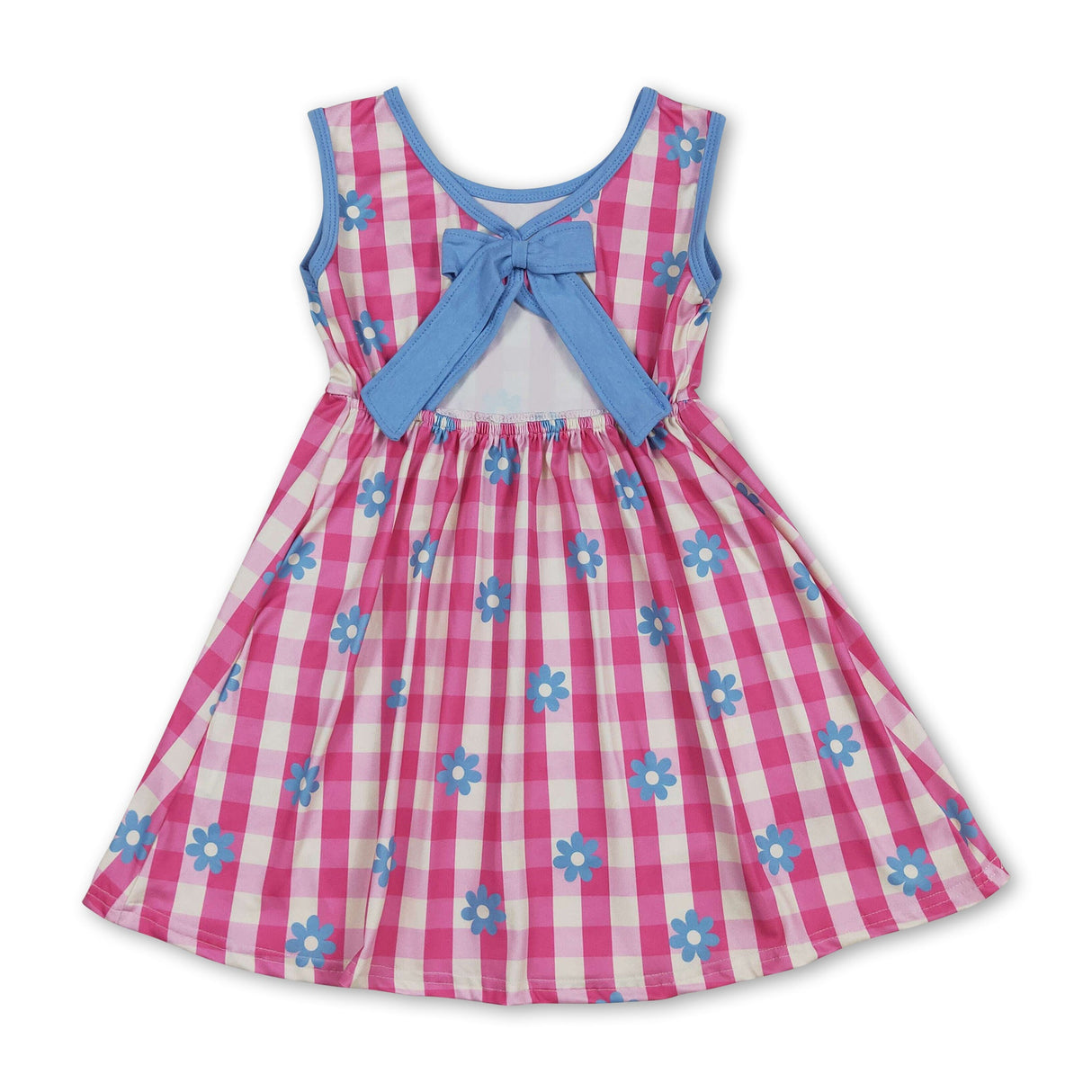 Hot pink plaid floral sleeveless kids girls dresses