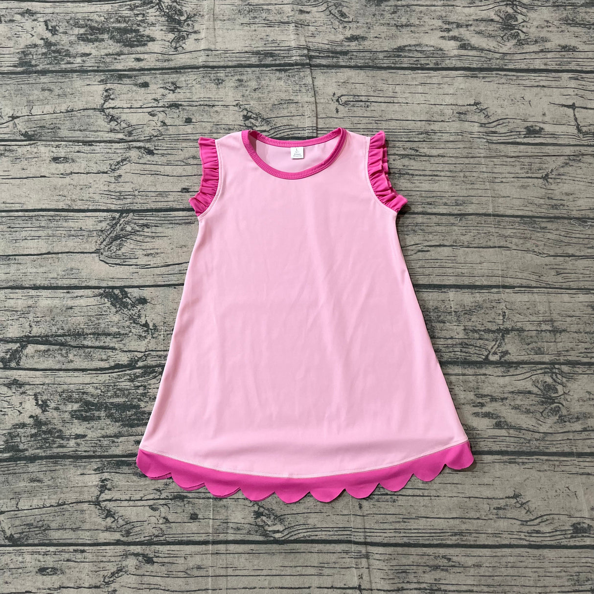 Pink scallop ruffle sleeveless kids girls cotton dress