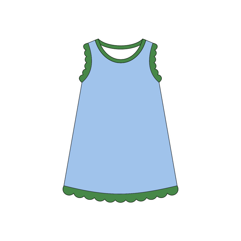Green scallop ruffle sleeveless light blue girls cotton dress