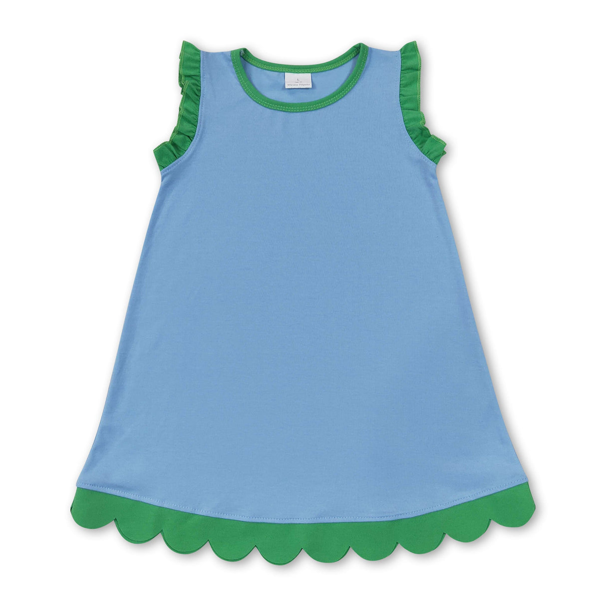 Green scallop ruffle sleeveless light blue girls cotton dress