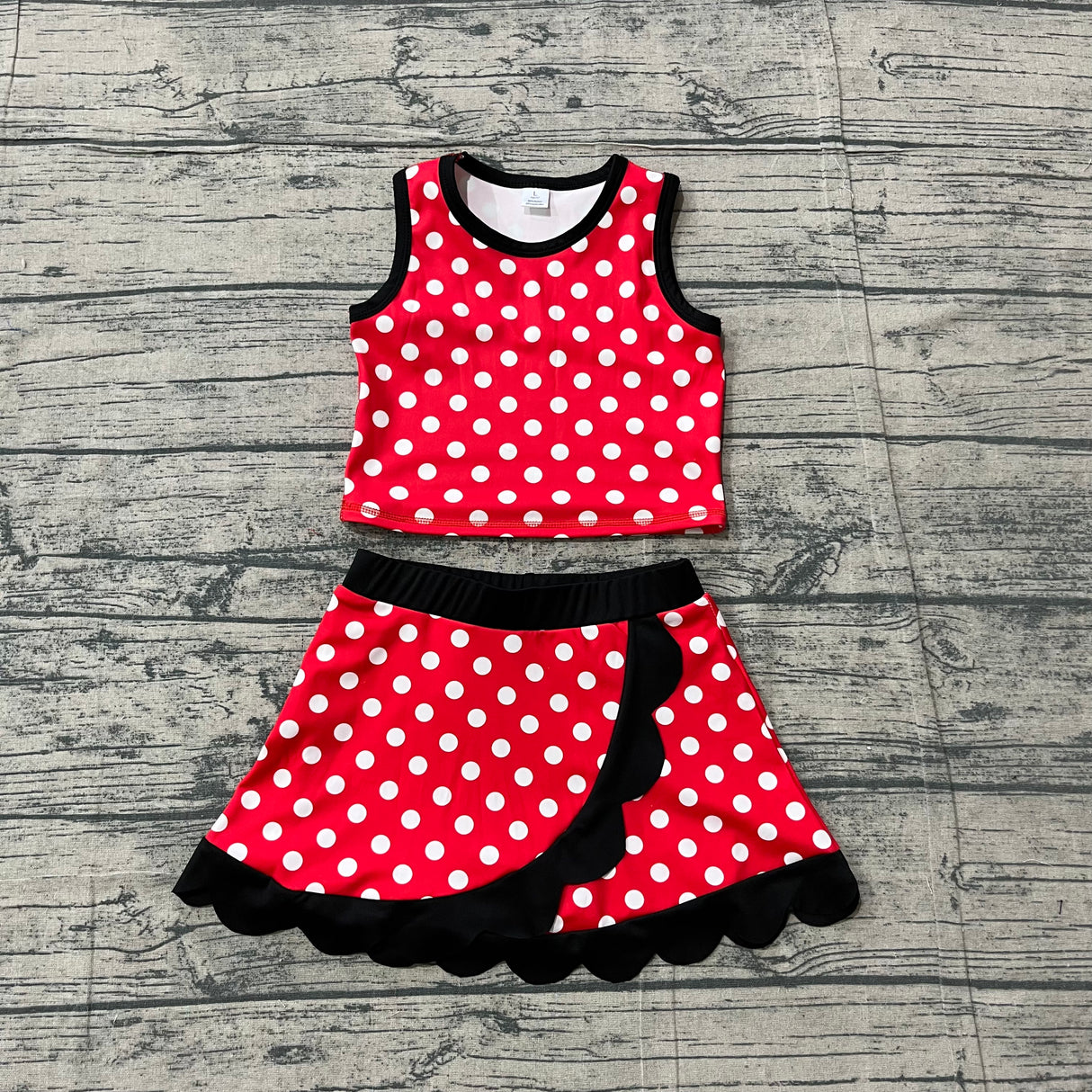 Red polka dots mouse scallop girls active wear set