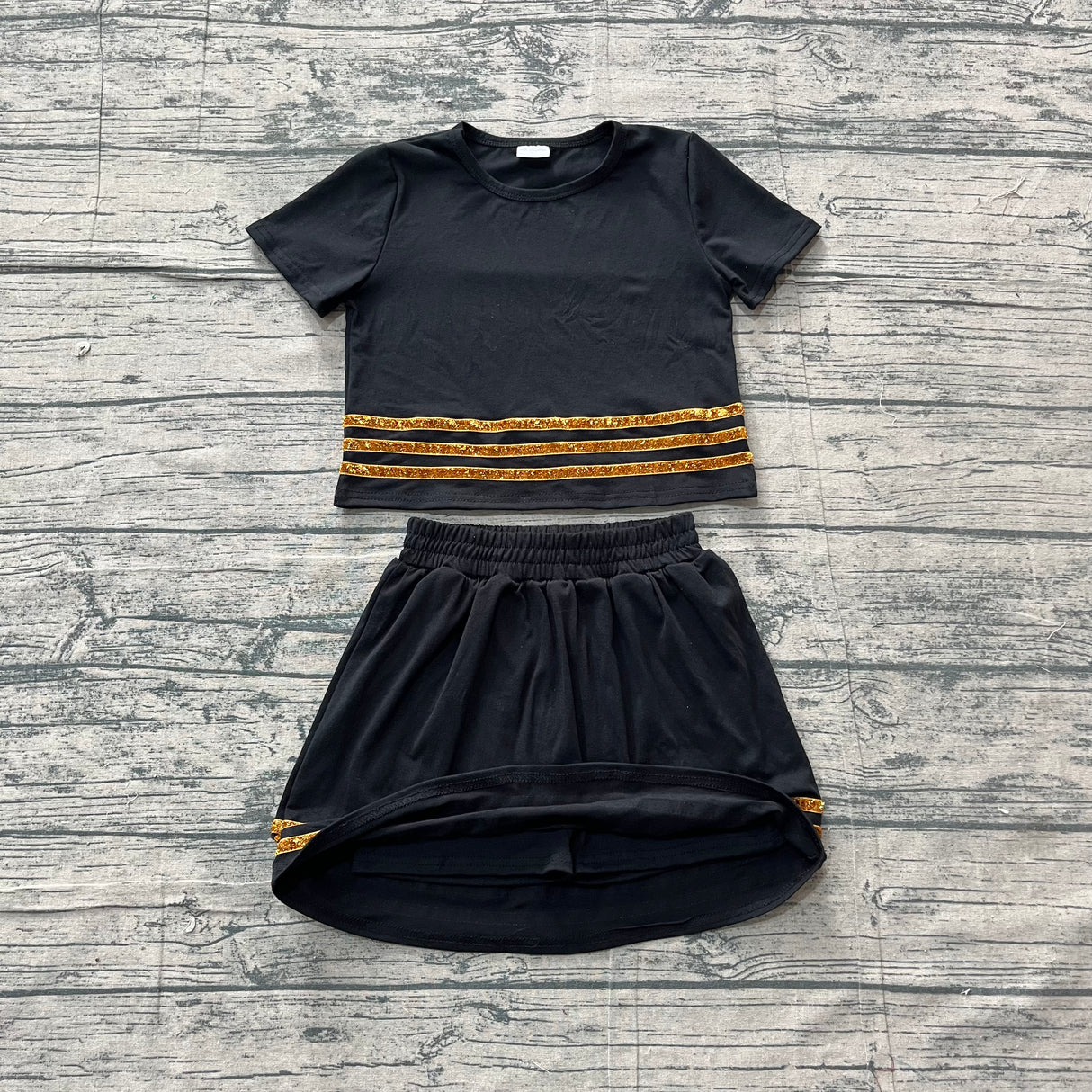 Short sleeves black cotton top skirt girls team outfits