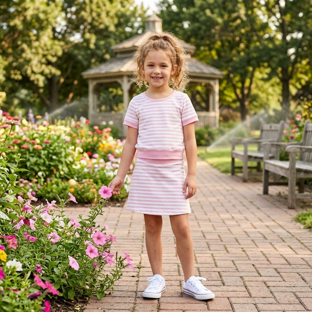 Short sleeves pink stripe top skirt girls active wear outfits