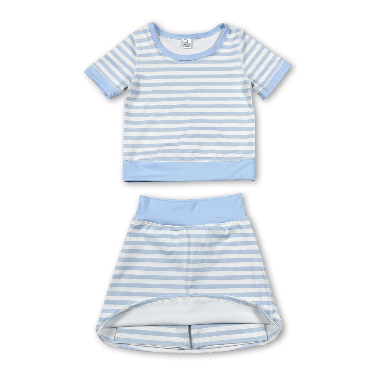 Short sleeves light blue stripe top skirt girls active wear set