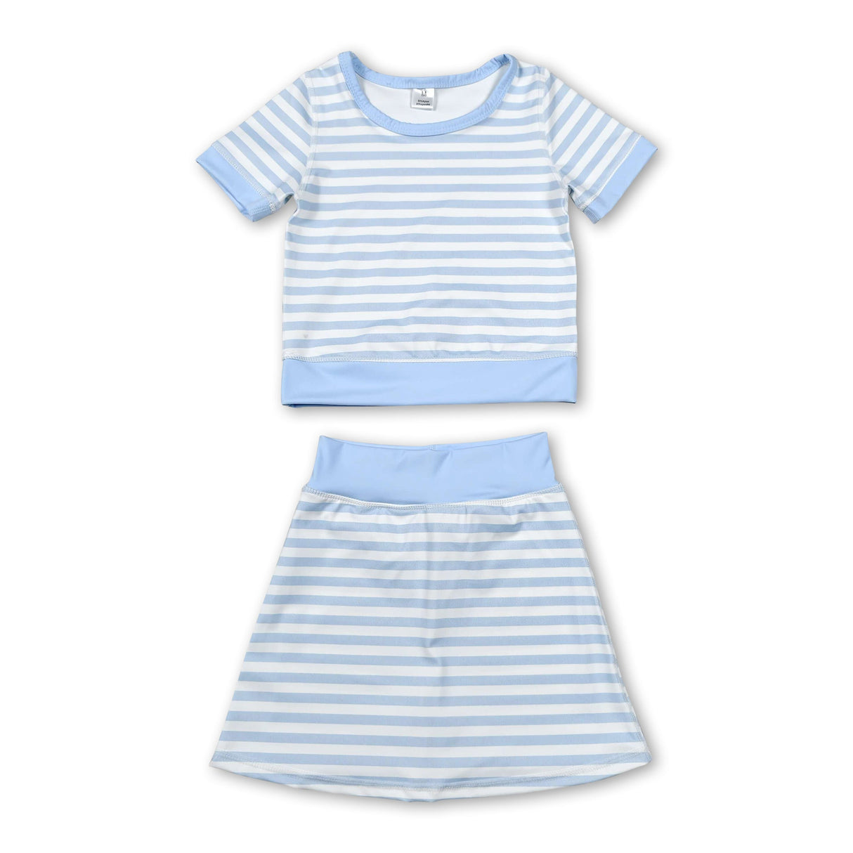 Short sleeves light blue stripe top skirt girls active wear set