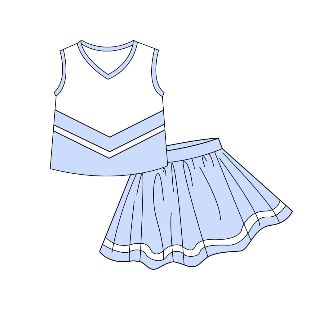 Sleeveless white light blue top skirt girls team cheer active set