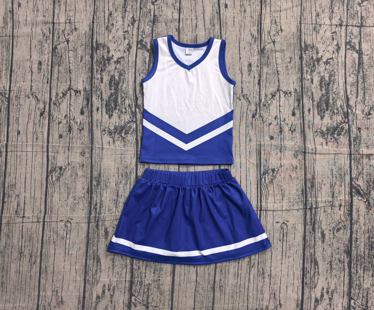 Sleeveless white blue top skirt girls team cheer active set