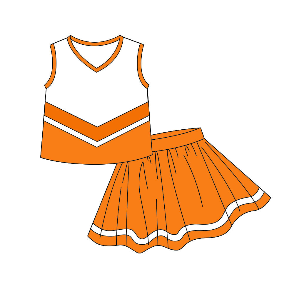 Sleeveless white orange top skirt girls team cheer active set