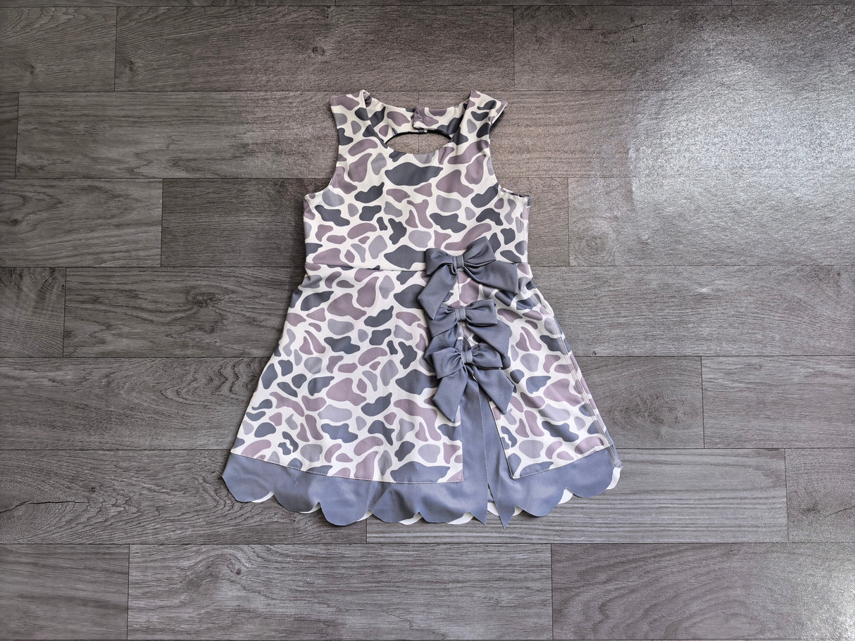 Grey camo bow scallop kids girls summer athletic dresses