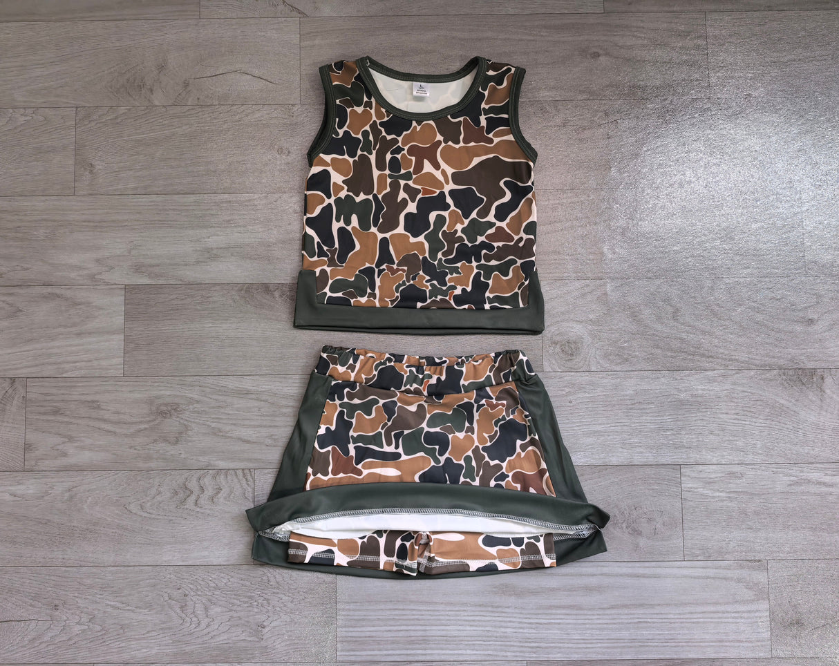 Sleeveless camo top skirt girls summer active wear set