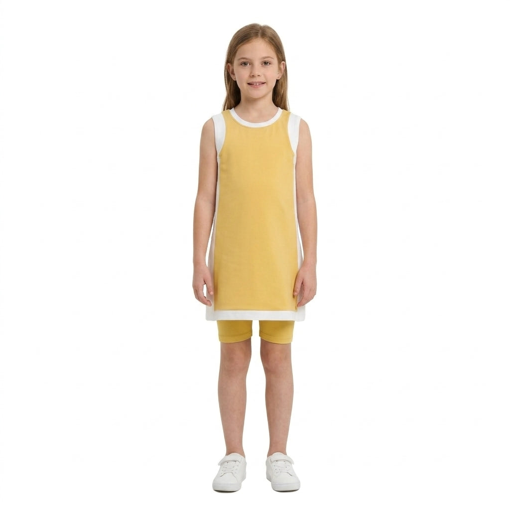 Sleeveless yellow white kids girls athletic dresses
