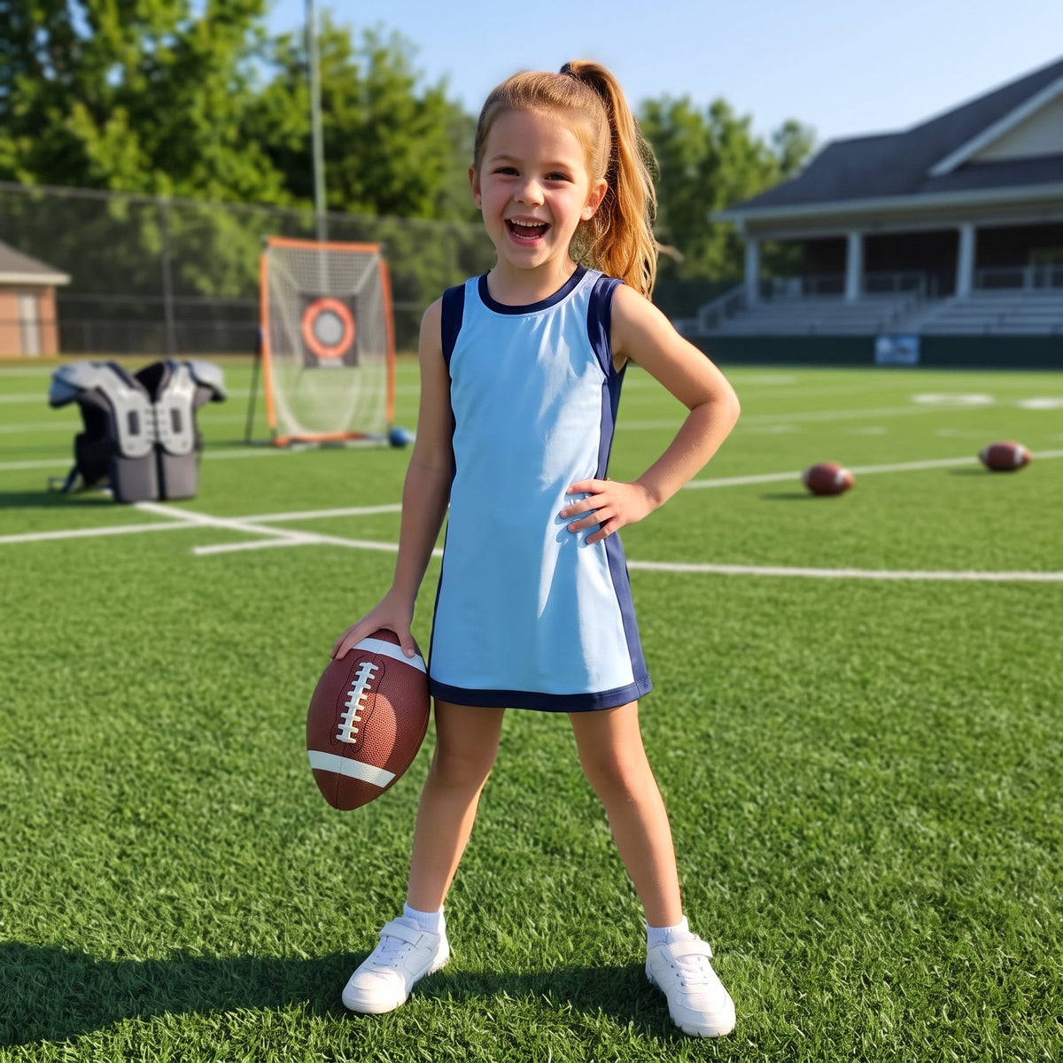 Sleeveless light blue navy kids girls athletic dresses