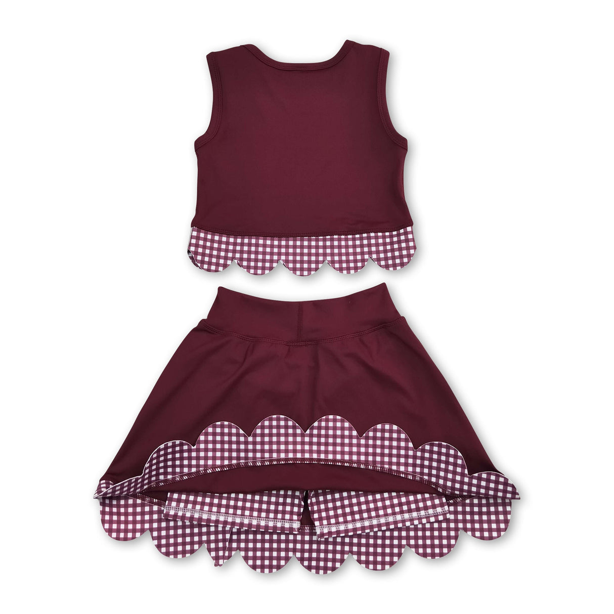 Sleeveless maroon plaid scallop girls summer active wear set