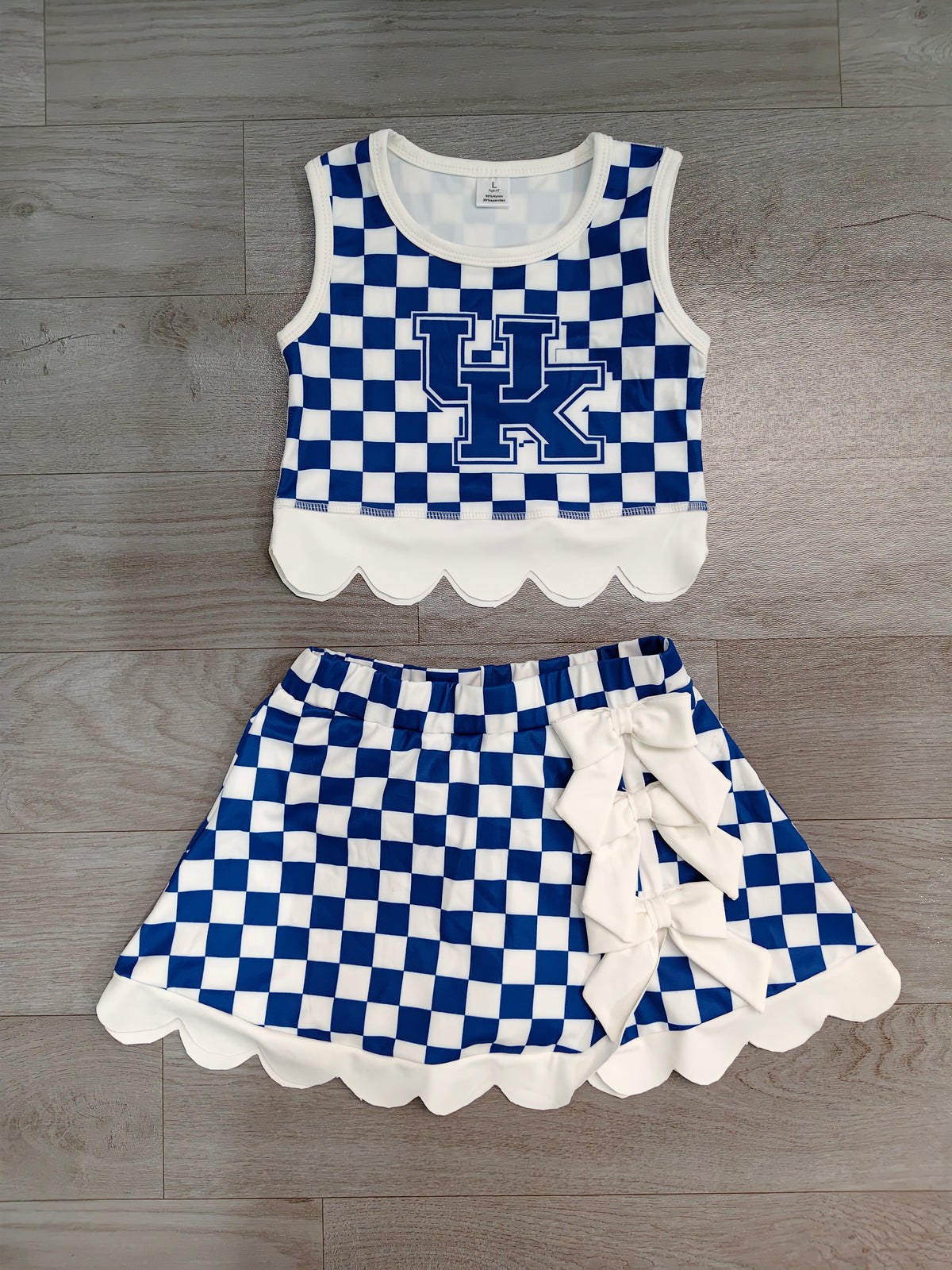 Sleeveless blue U K plaid scallop girls team active wear set