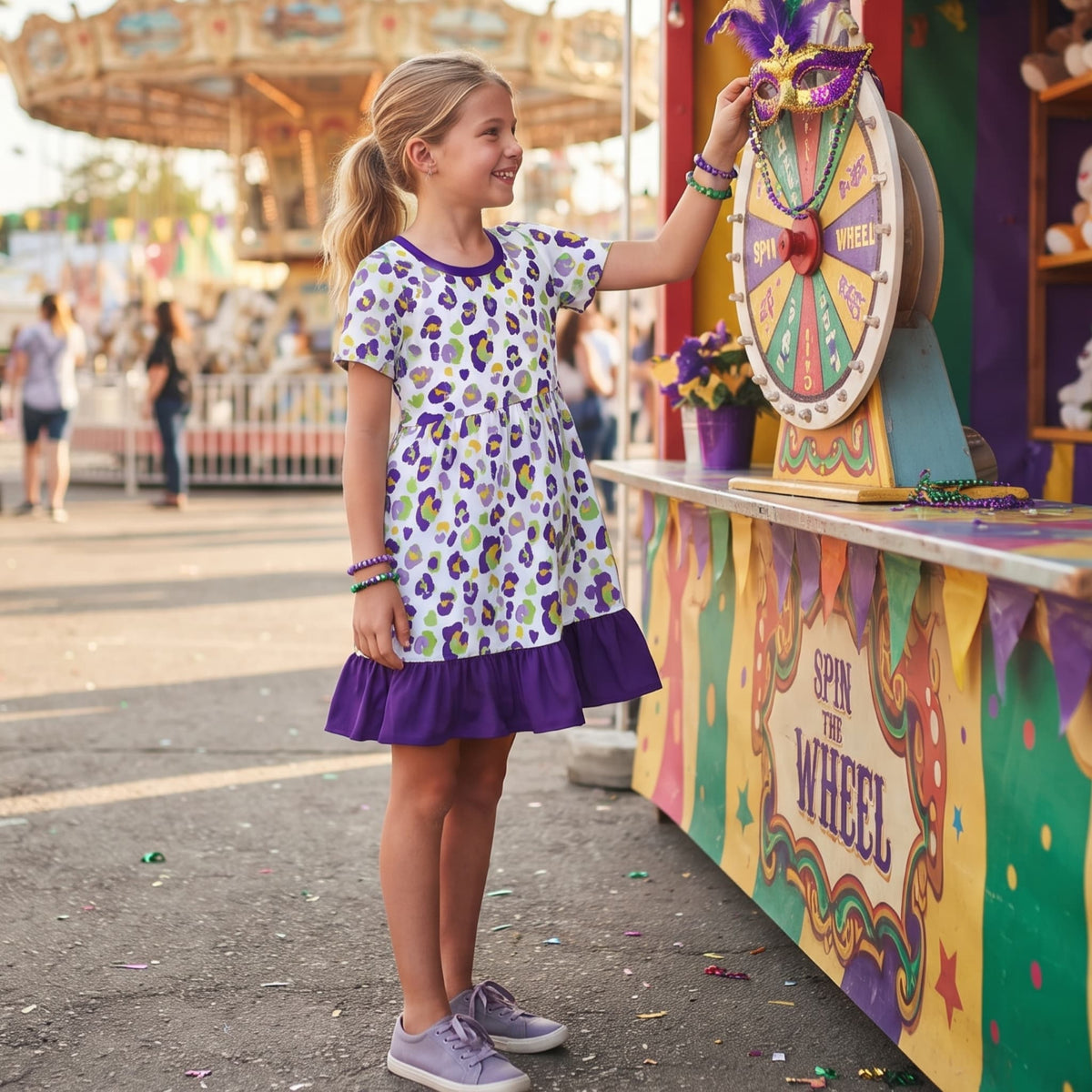 Short sleeves purple ruffle leopard girls Mardi Gras dress