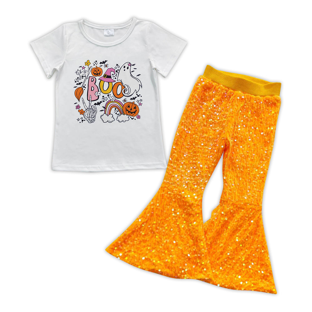 Ghost boo shirt orange sequin pants girls Halloween clothes