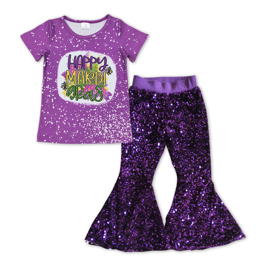 Happy Mardi gras purple top sequin pants girls clothing
