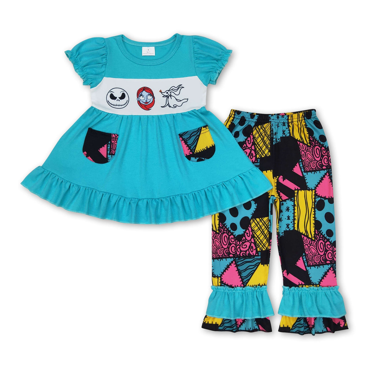 Short sleeves pocket top patchwork pants girls Halloween clothes