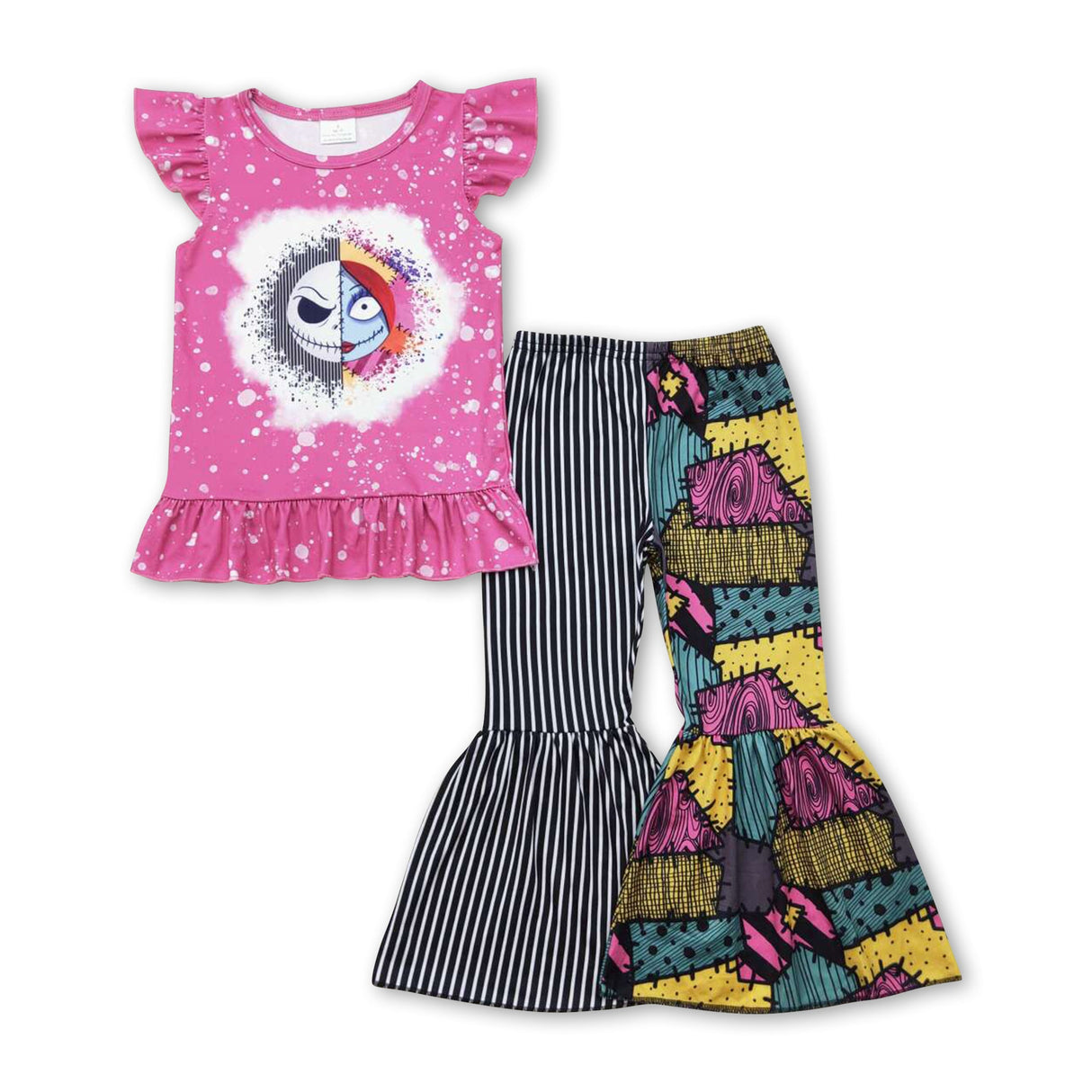 Purple skull top stripe patchwork pants girls Halloween set