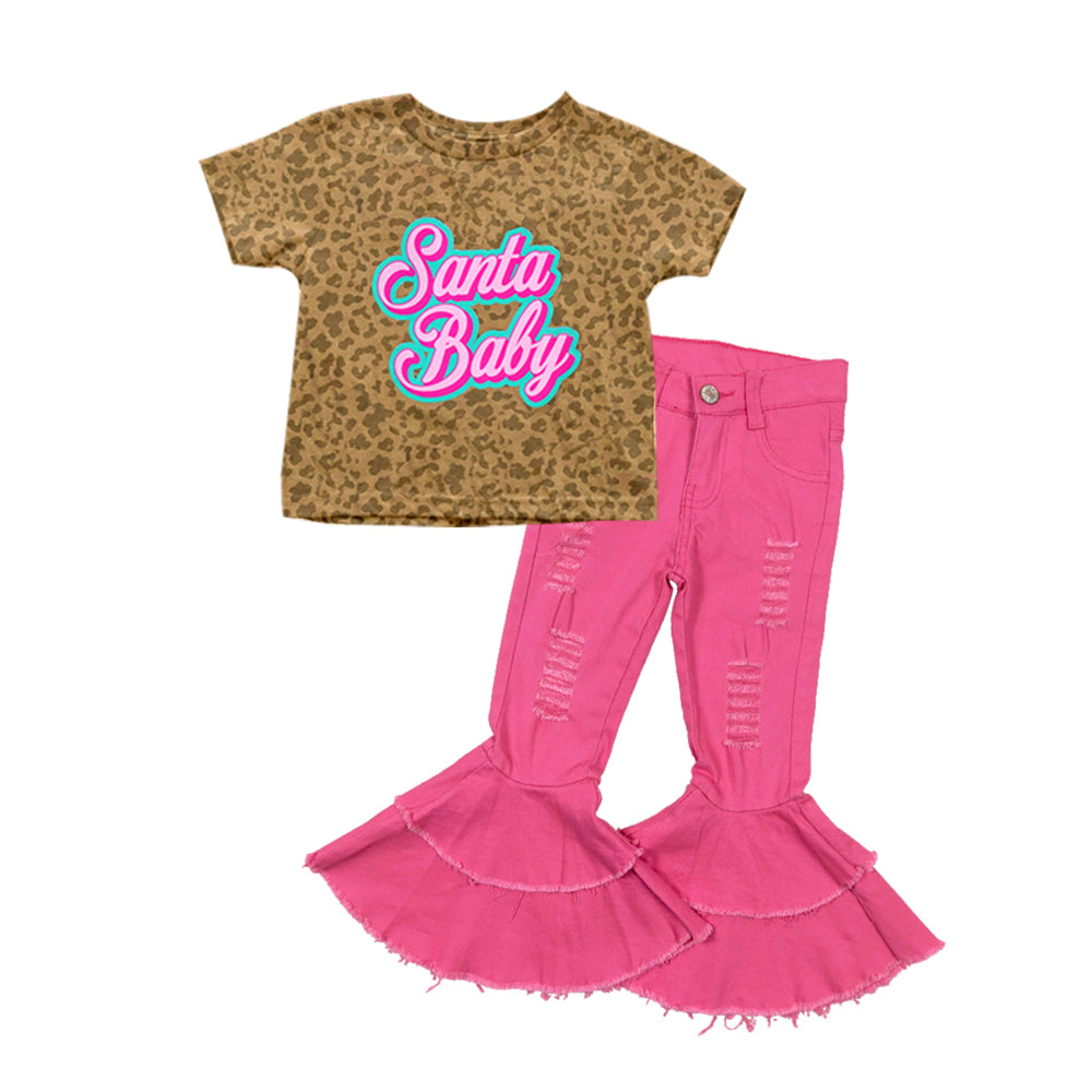 Leopard santa baby top hot pink jeans girls Christmas set