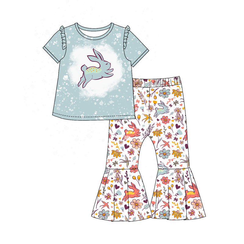 Bunny bleached top floral bell bottom pants girls Easter set