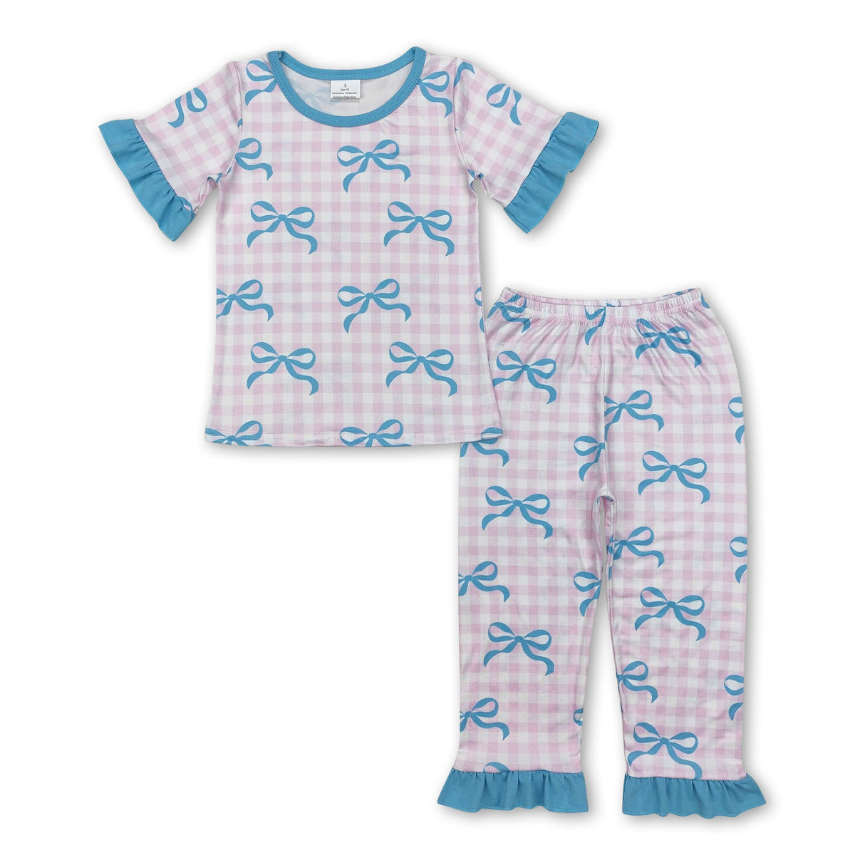 Short sleeves pink plaid bow baby girls pajamas