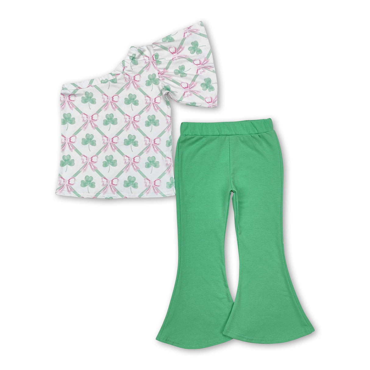 One shoulder shamrock bow baby girls St Patrick's outfits