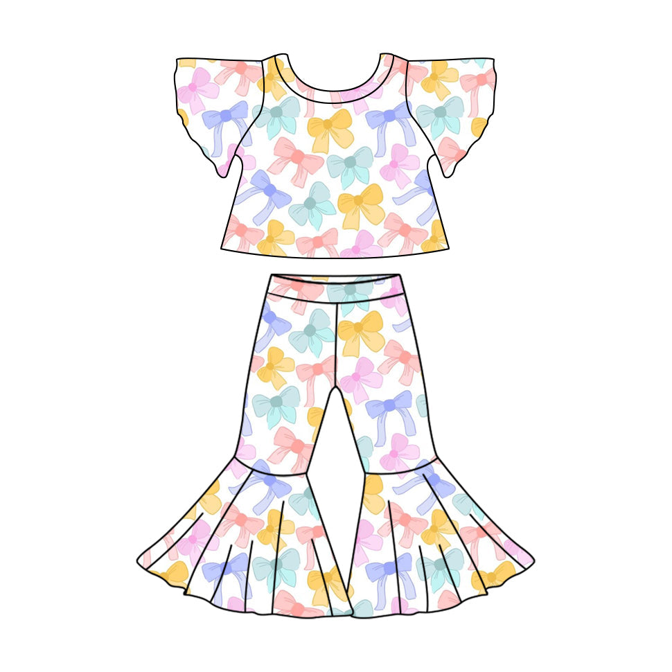 Short sleeves colorful bow top bell bottom pants girls clothes