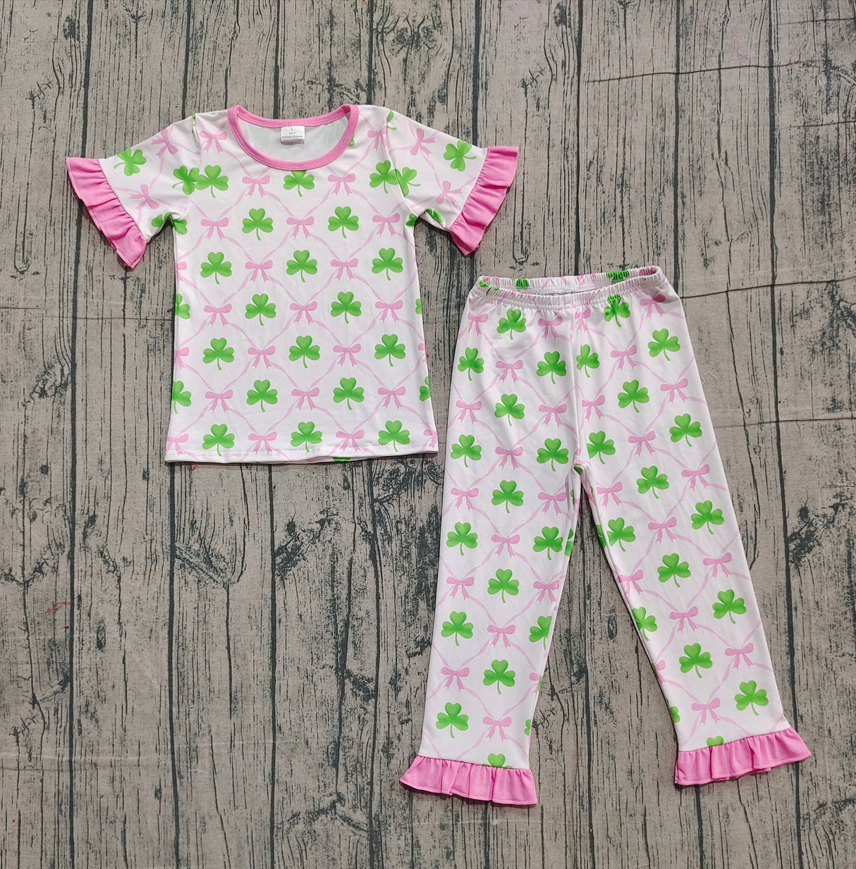 Pink ruffle bow shamrock kids girls St Patrick's pajamas