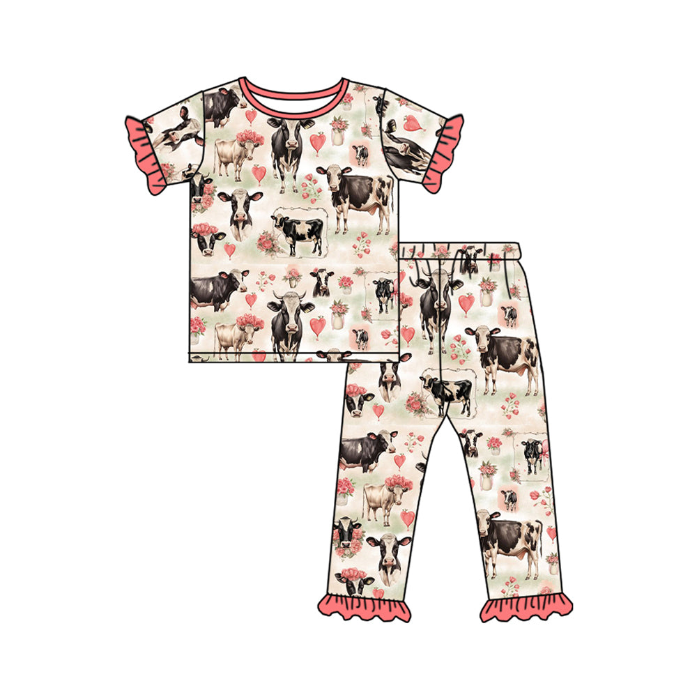 Short sleeves floral cows baby girls pajamas