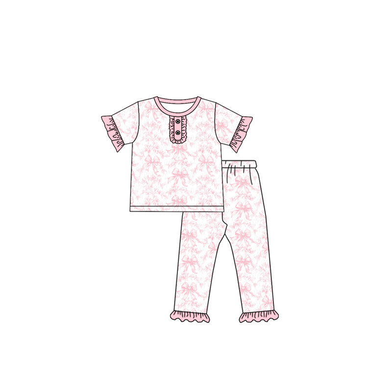 Pink short sleeves floral bow baby girls pajamas