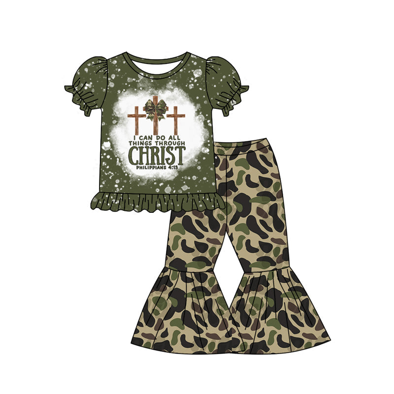Short sleeves bleached camo bow cross top pants girls clothes