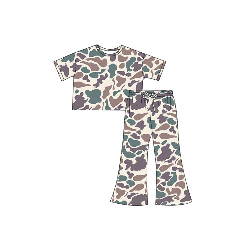 Beige camo short sleeves top pants kids girls outfits