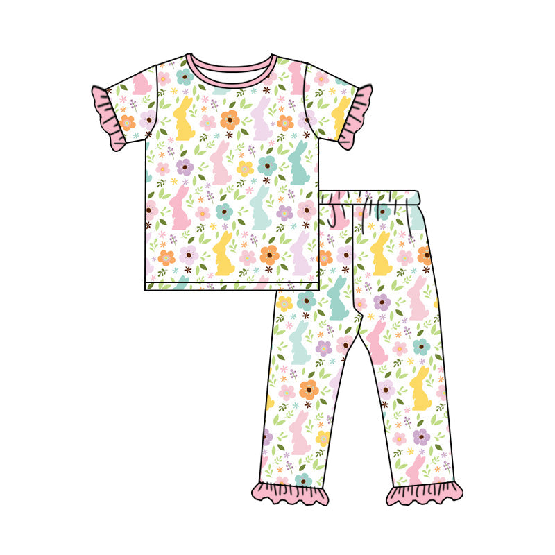 Short sleeves floral bunny kids girls Easter pajamas