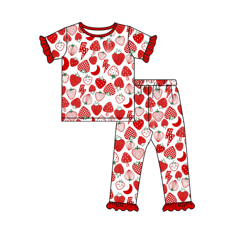 Short sleeves red ruffle strawberry kids girls pajamas