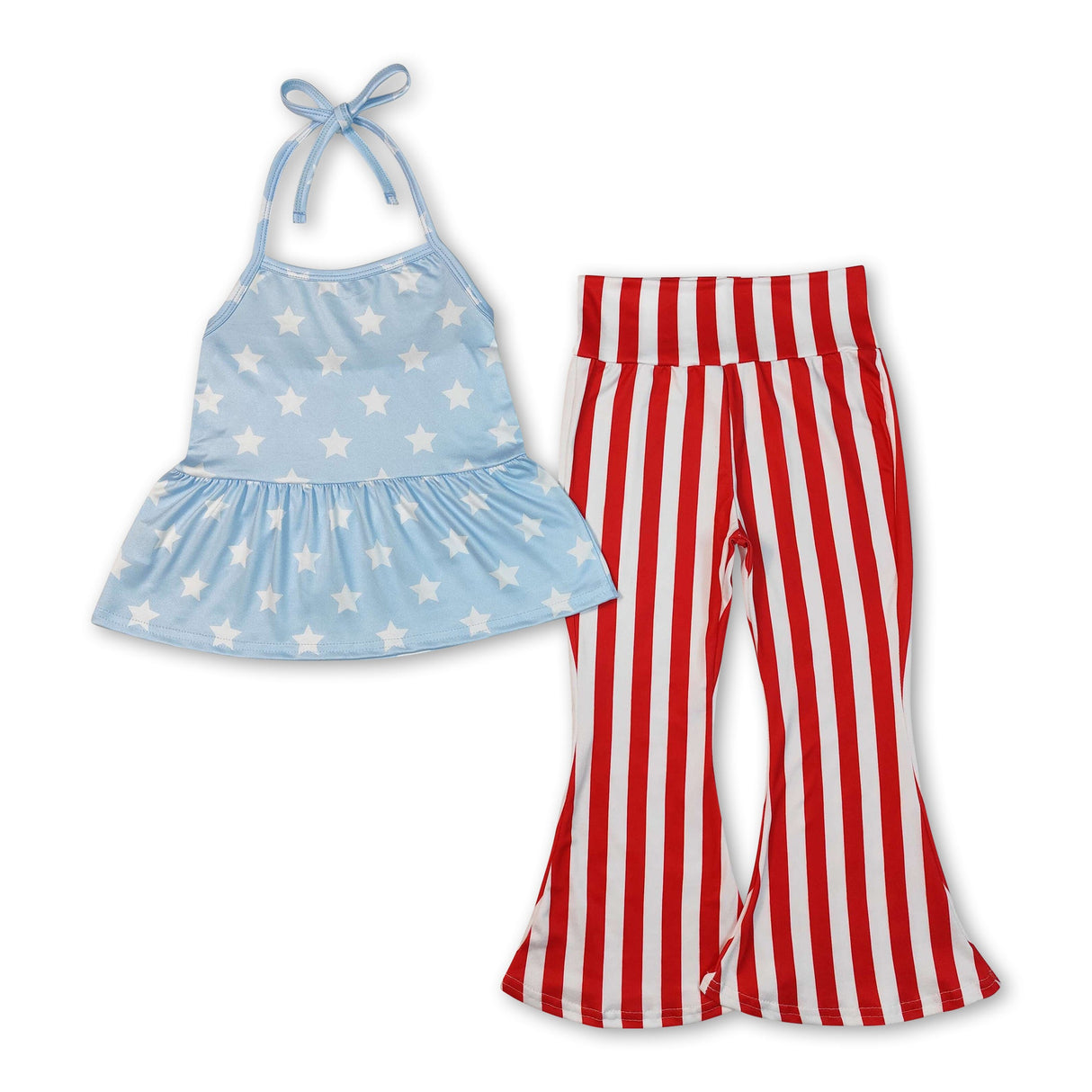 Light blue stars halter top stripe pants girls 4th of july clothes