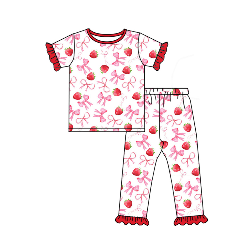 Short sleeves strawberry bow baby girls pajamas