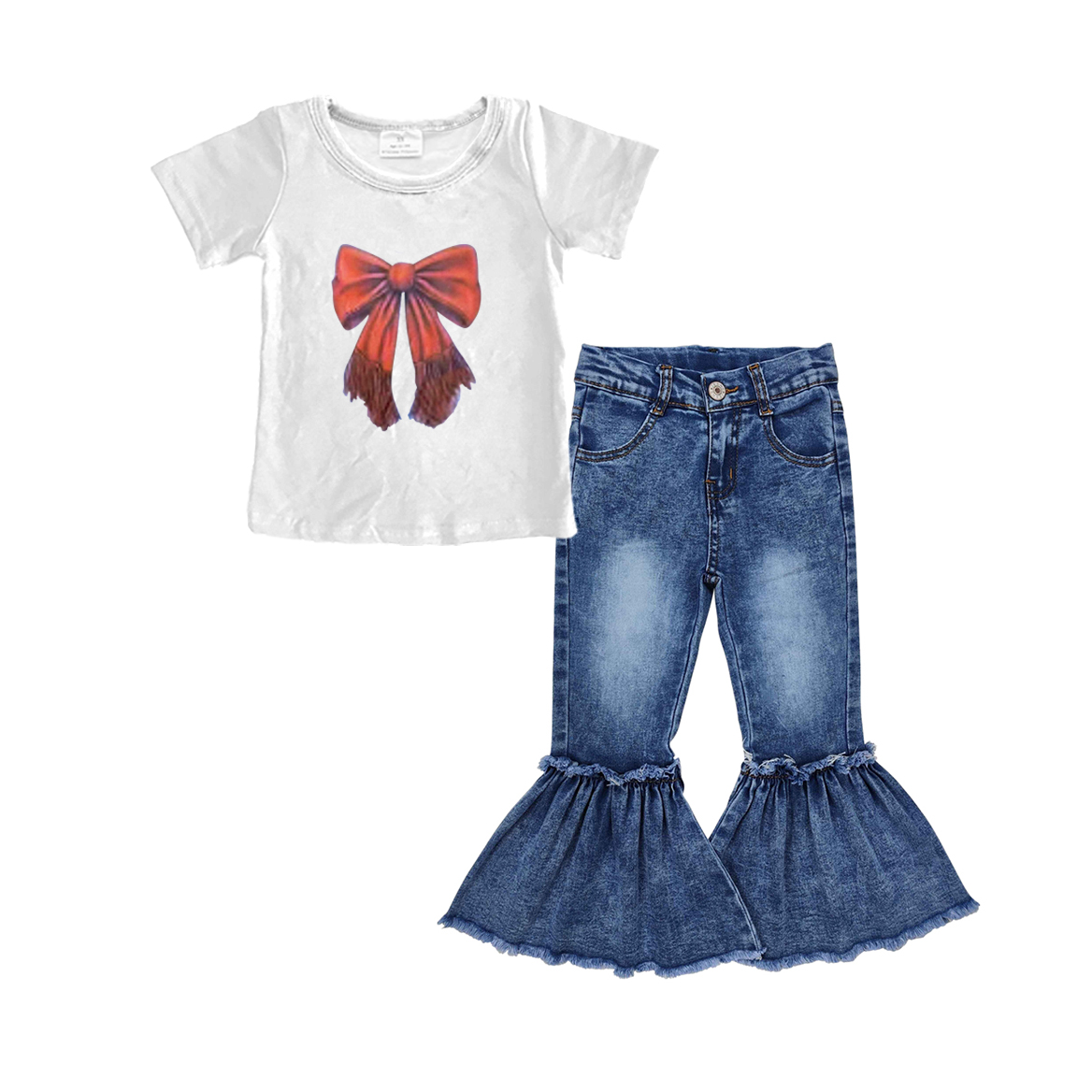 Short sleeves brown bow top jeans kids girls clothing set