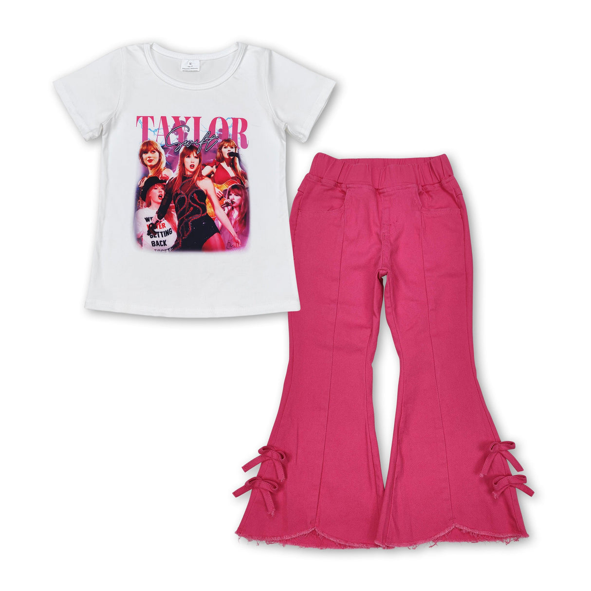 White top hot pink bow jeans singer girls clothes