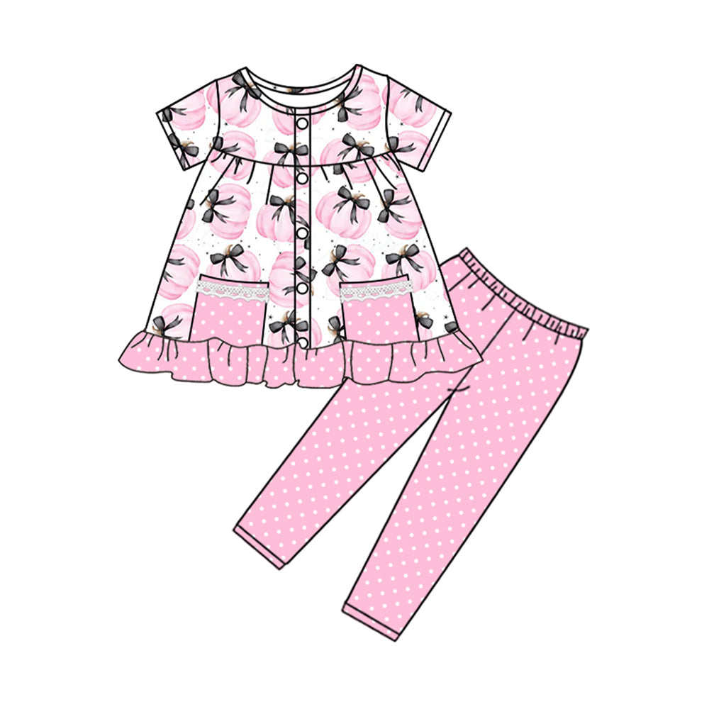 Pink pumpkin bow pockets tunic leggings girls fall clothes